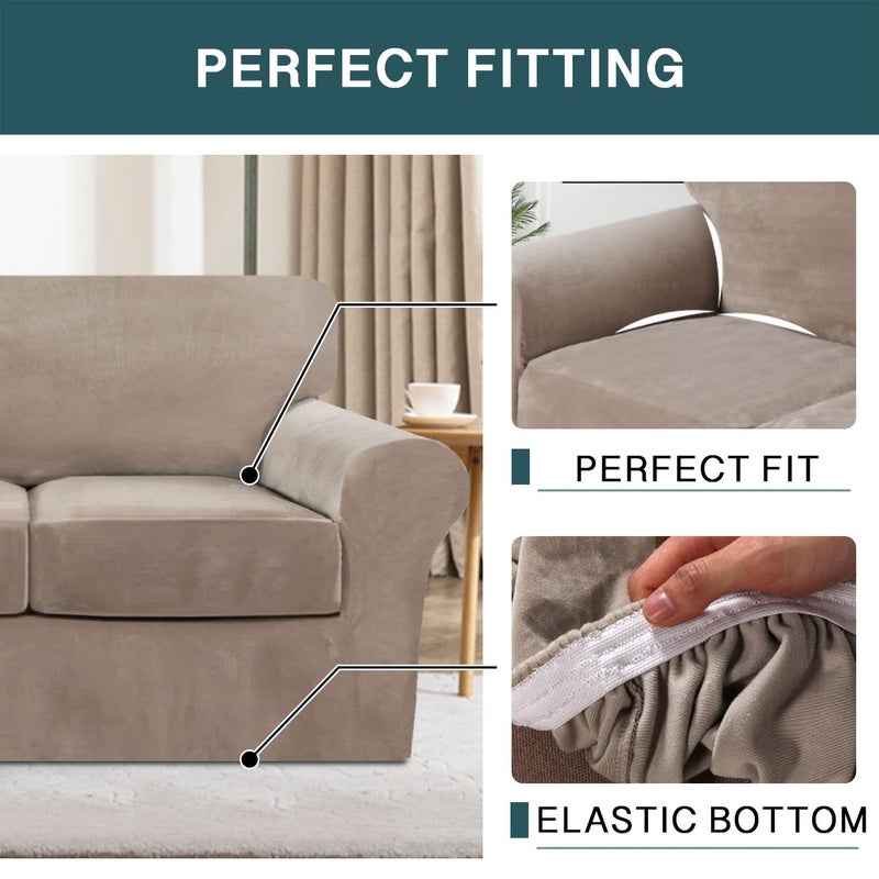 FantasDecor أغطية كراسي صوفا فانتاس ديكور 2 قطعة من المخمل لغرفة المعيشة، أغطية قابلة للانزلاق مع وسائد فردية، واقي أثاث مرن للحيوانات الأليفة، قابلة للغسل في الغسالة (كرسي بذراعين، بني فاتح) - Image 5